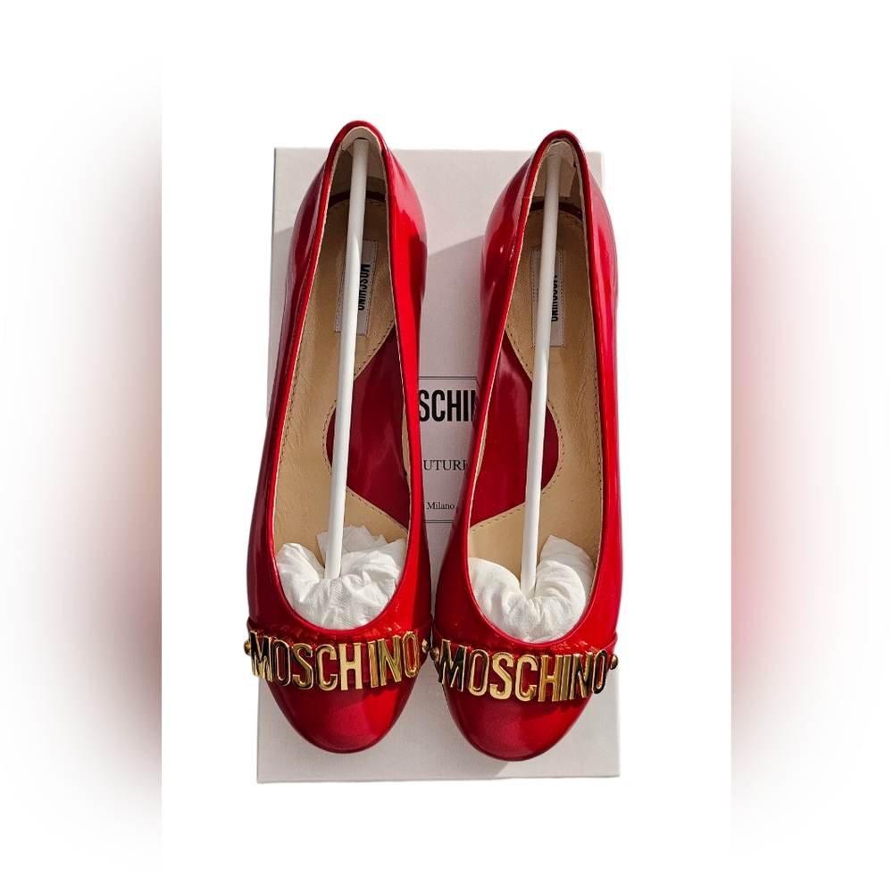 Moschino Letter Ballet Flat 9US/39EU Red Color Patent Leather Shoes